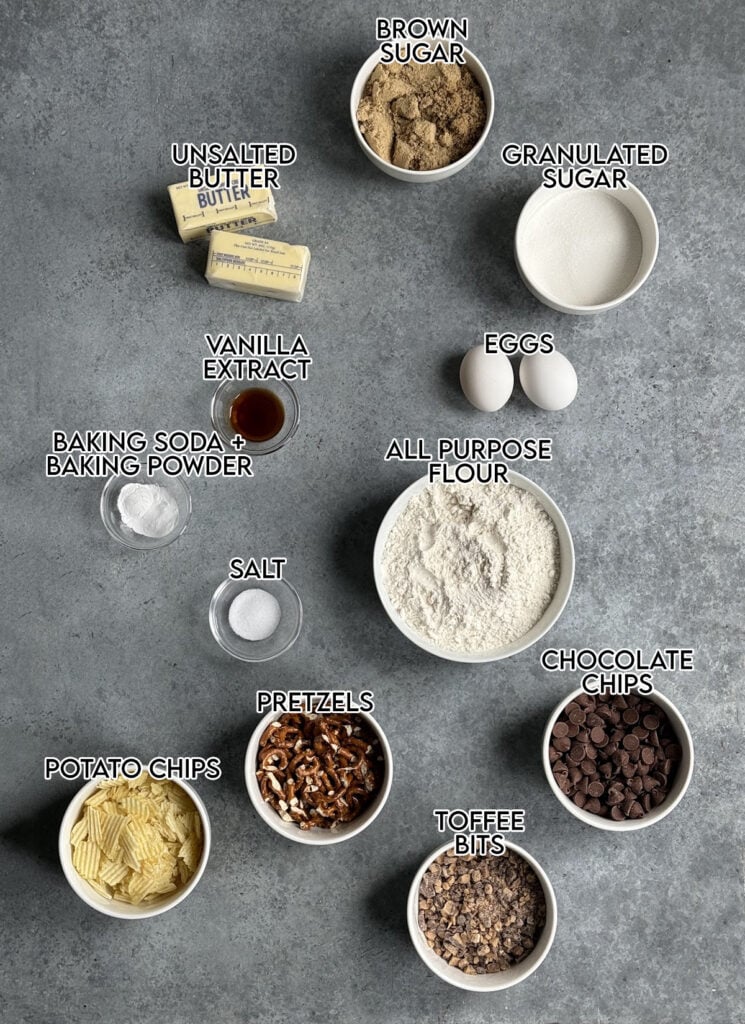 Bowls of the ingredients needed to make kitchen sink cookies.