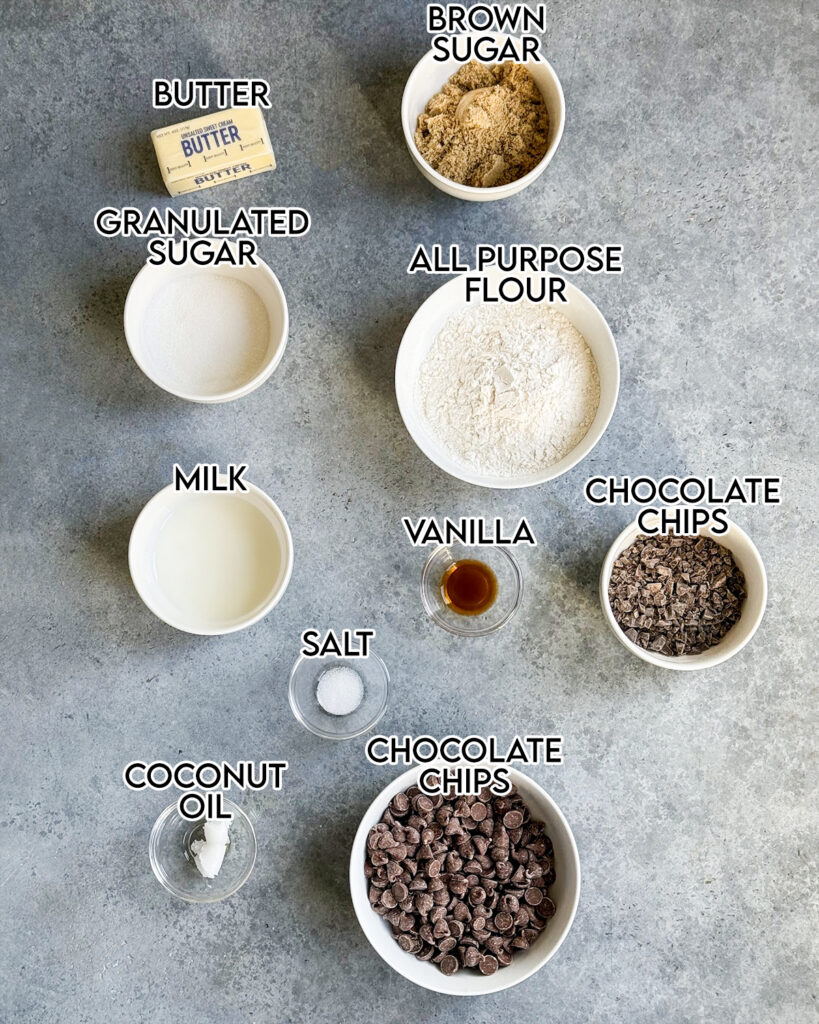 Bowls of the ingredients needed to make cookie dough truffles. 