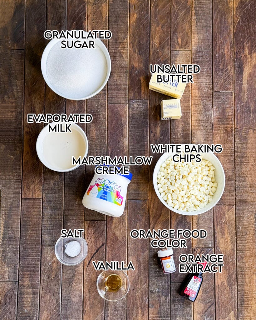 Bowls of the ingredients needed to make creamsicle fudge. 
