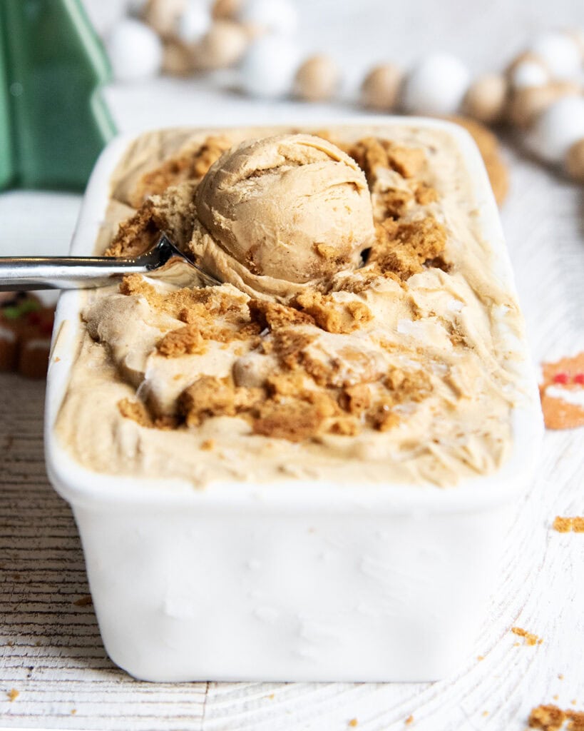 A container full of gingerbread ice cream with a scoop sitting on top.