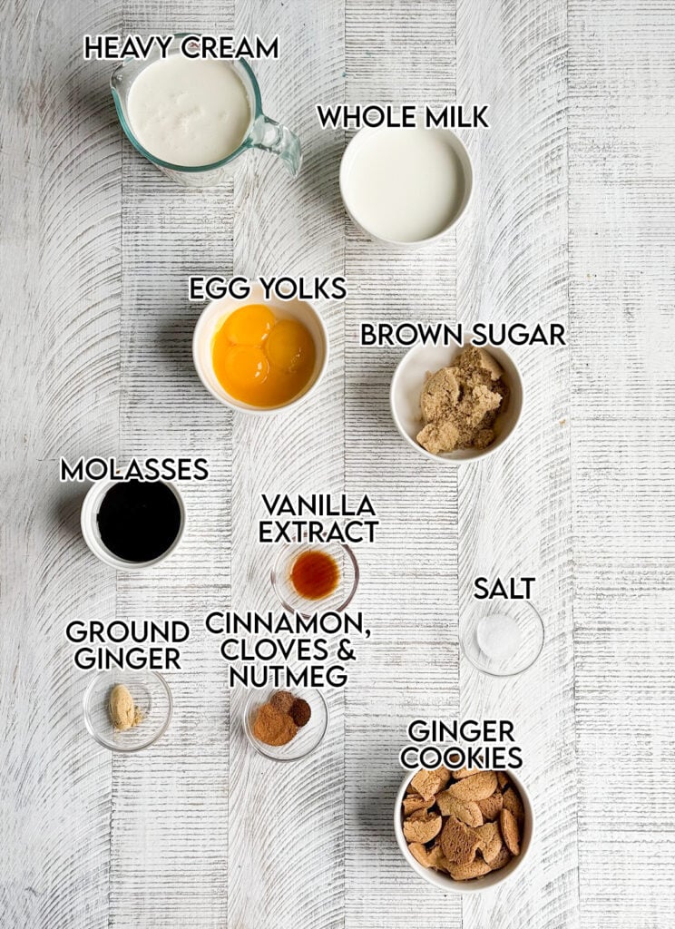 Small bowls of the ingredients needed to make gingerbread ice cream, including heavy cream, milk, egg yolks, molasses, and more. 