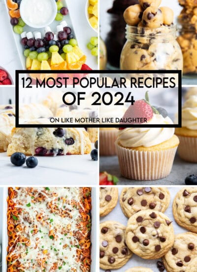 A collage of 6 photos of food, fruit dip, cookie dough, blueberry scones, frosted cupcakes, baked pasta, and chocolate chip cookies.