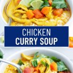 A collage of two photos of a bowl of chicken curry soup with a text block between them.