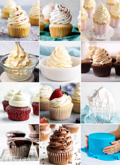 A collage of 12 different types of frosting, on cupcakes, in a bowl, or on a mixer.