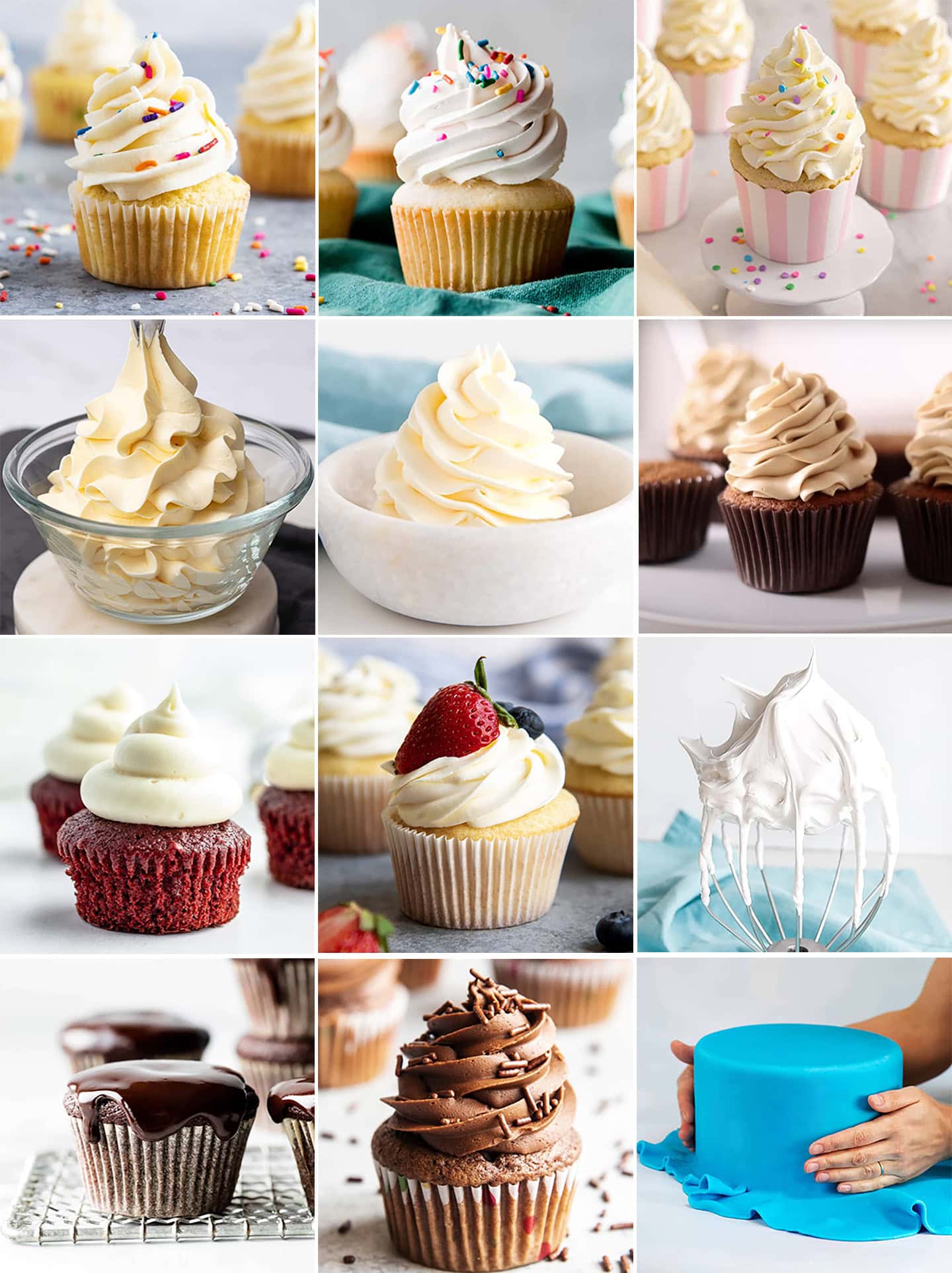 A collage of 12 different types of frosting, on cupcakes, in a bowl, or on a mixer.