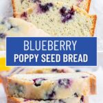 A collage of two photos of slices of blueberry poppy seed bread with a glaze over the top.
