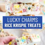 A collage of two photos of lucky charms rice krispie treats dipped in white chocolate with a text block between them for pinterest.