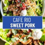A collage of two photos of sweet pork salad with a text block between them for pinterest.