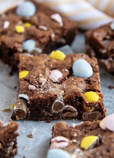 A fudgy chocolate brownie full of Cadbury mini eggs.