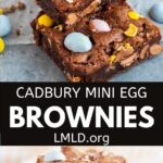 A collage of two photos of cadbury mini egg brownies with a black text block between them for pinterest.