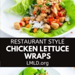 A collage of two photos of a chicken lettuce wraps with a black text block between them for pinterest.