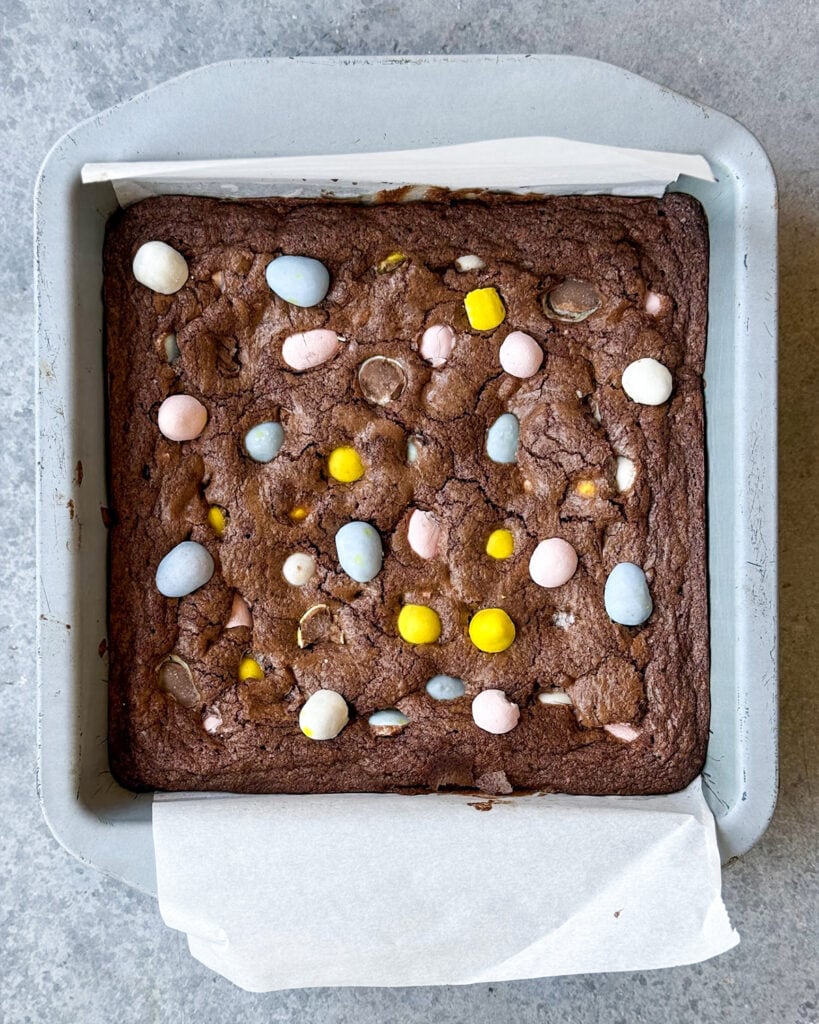 A pan of cadbury mini egg brownies.