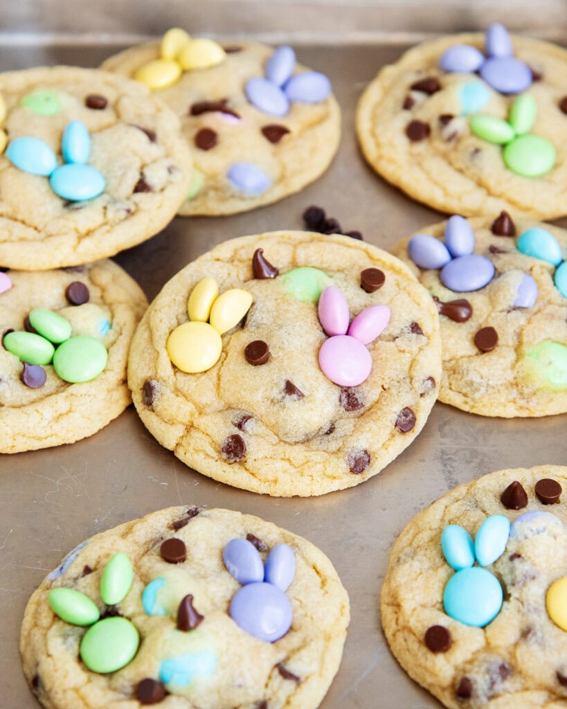 A pan of Easter Bunny M&M cookies, with m&ms on top arraged to look like a bunny.
