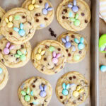 A pan of Easter Bunny M&M cookies, with m&ms on top arraged to look like a bunny.