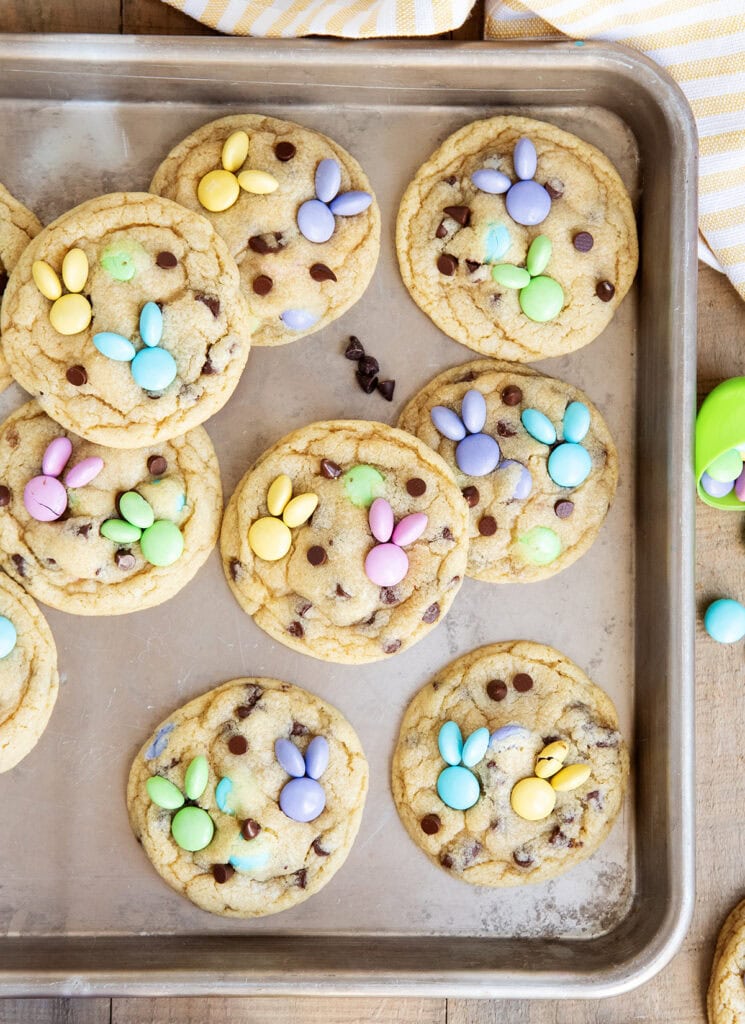 A pan of Easter Bunny M&M cookies, with m&ms on top arraged to look like a bunny.
