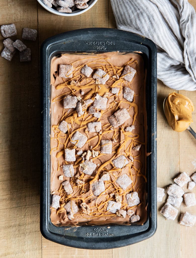 An above view of Chocolate Peanut Butter Muddy Buddy Ice Cream.