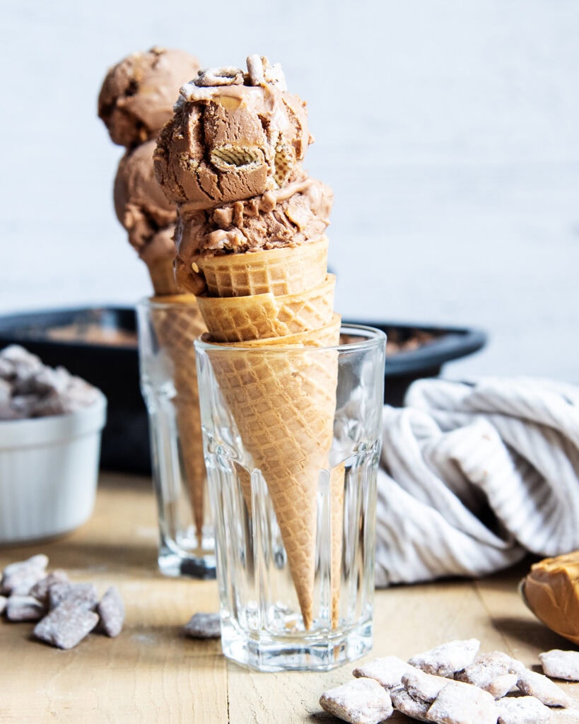 A chocolate ice cream cone set in a glass jar.