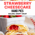 A collage of two images of strawberry cheesecake hand pies with the title text in between them.
