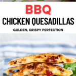 A collage of two images of bbq chicken quesadillas with text between.
