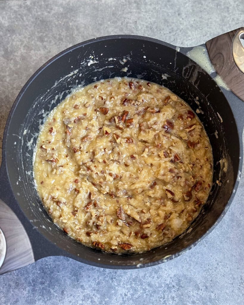 A pot of coconut pecan frosting.
