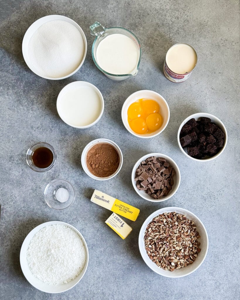 Bowls of the ingredients needed to make German Chocolate Cake Ice Cream, including sugar, evaporated milk, egg yolks, pecans, cocoa powder, butter, and more. 