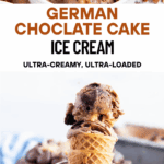 A collage with two images of german chocolate cake ice cream.