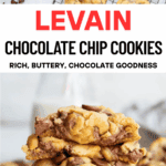 A collage of two images of chocolate chip cookies with text of the title between.
