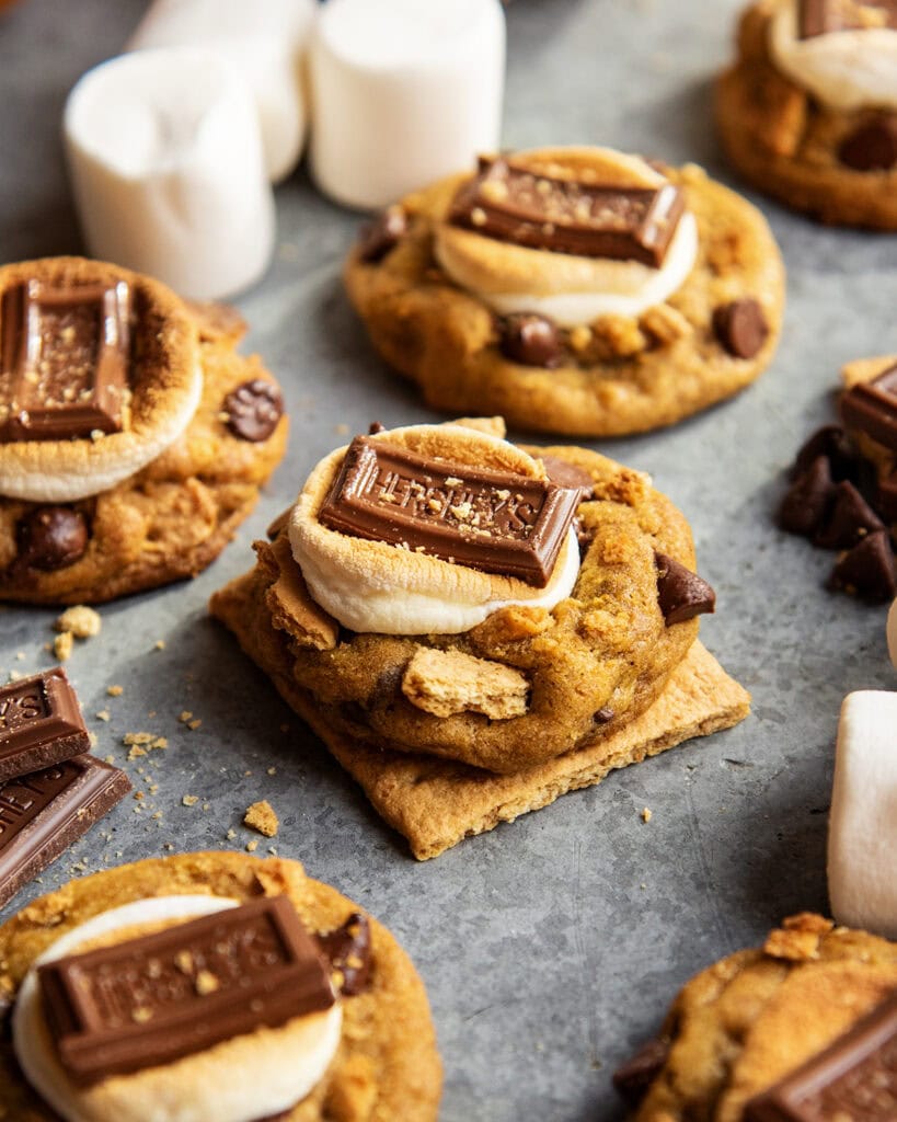 A pumpkin smore cookie on a graham cracker square. Its topped with a golden marshmallow and a Hershey square.