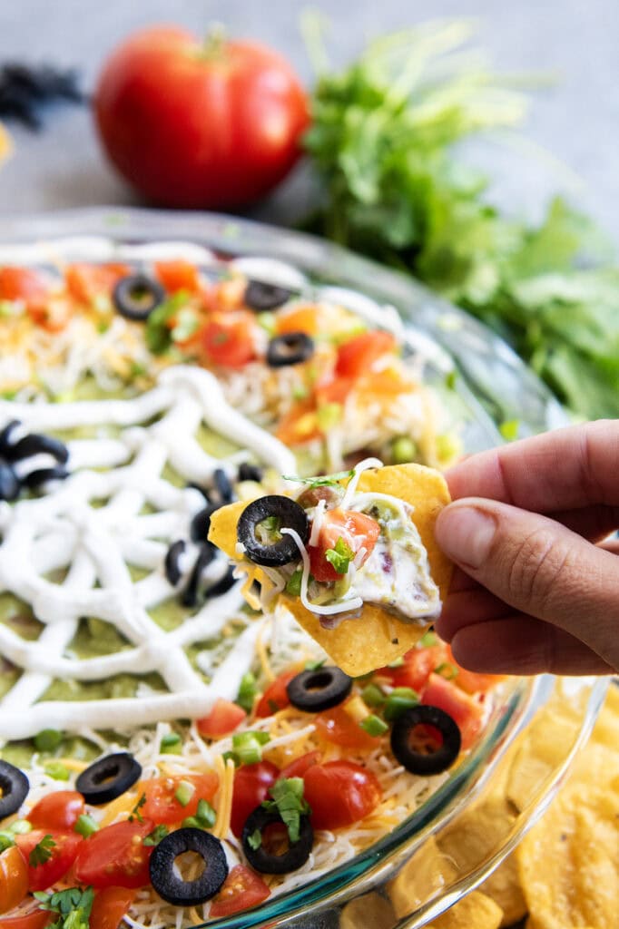 A chip topped with seven layer dip.