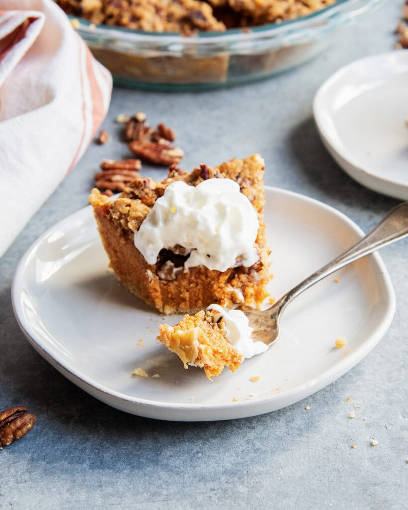 A slice of sweet potato pie on a plate with a fork of the pie in front of the slice.