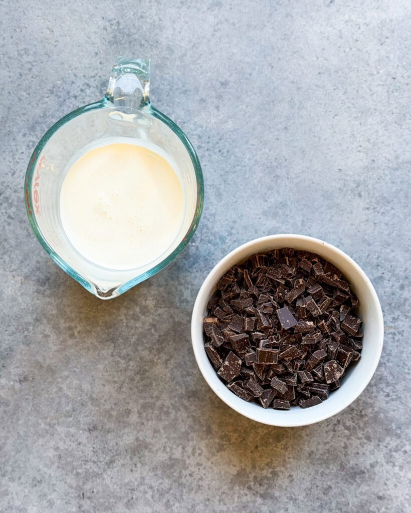 Bowls of the ingredients needed to make chocolate ganache.