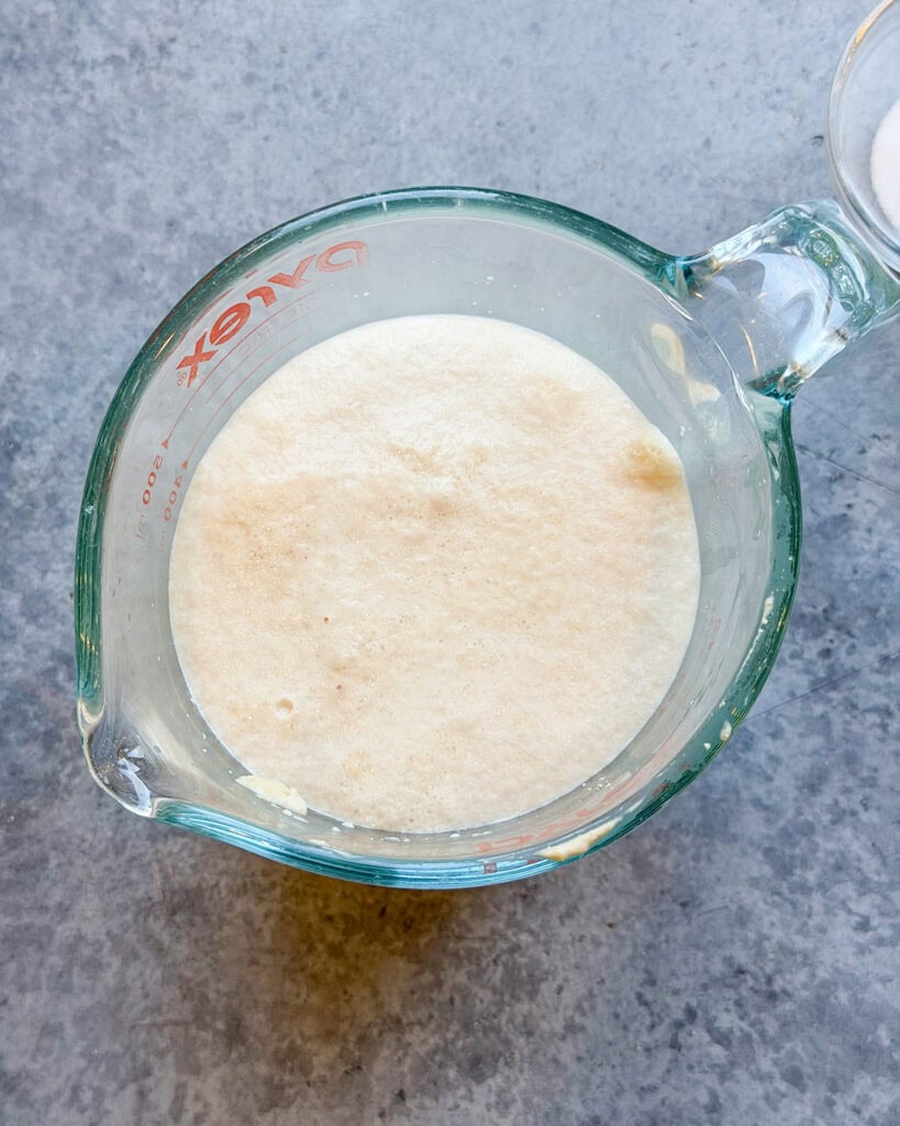 A glass measuring cup of foamed yeast mixture.