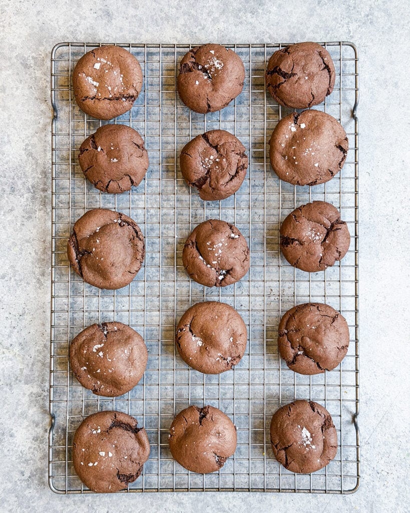 Chocolate cake mix cookies on a cooling rack.
