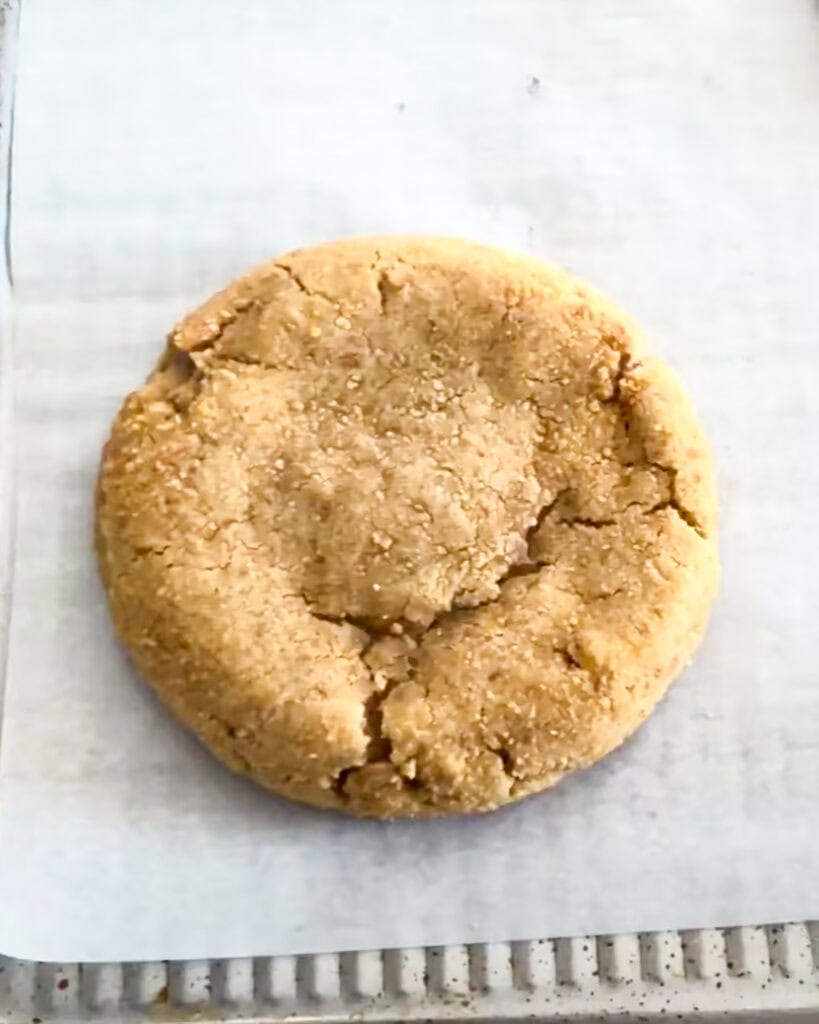 A baked graham cracker cookie on a cookie sheet.