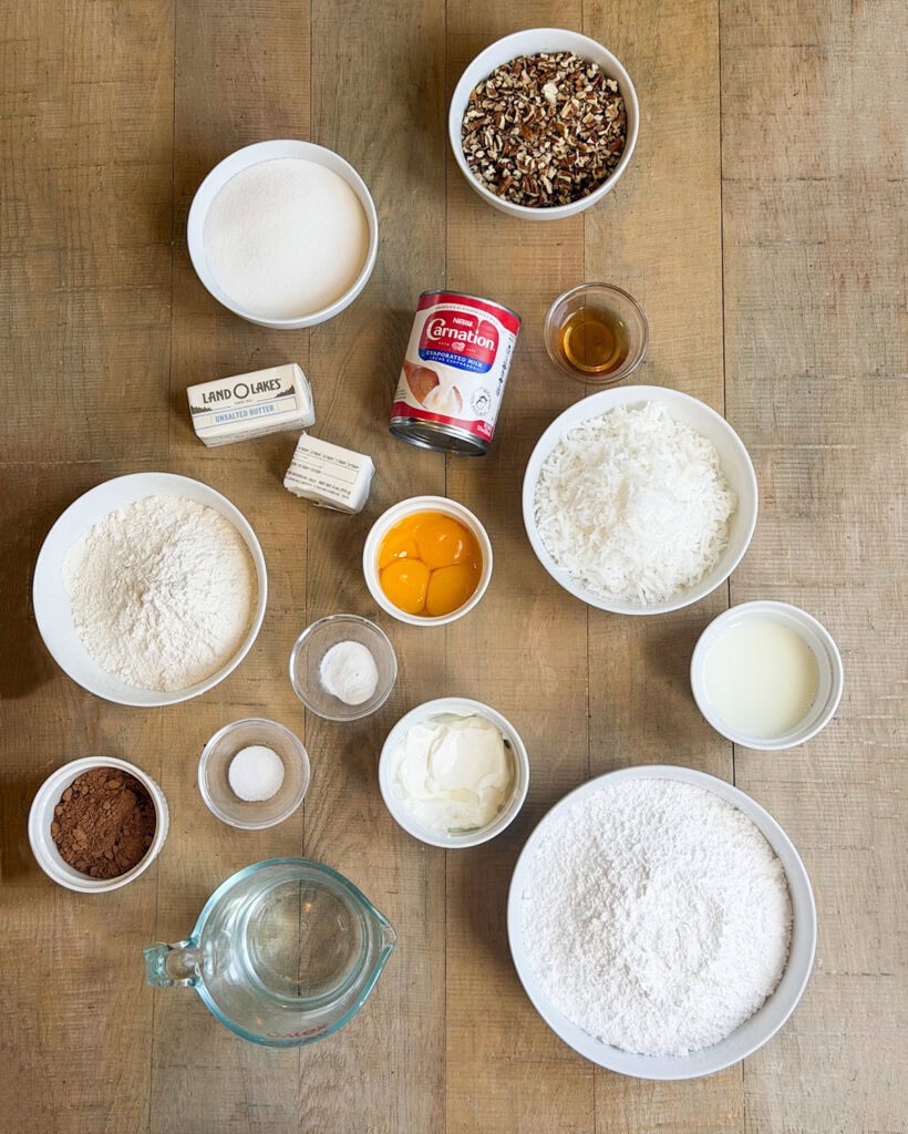 Small bowls of the ingredients needed to make German Chocolate Texas Sheet Cake.