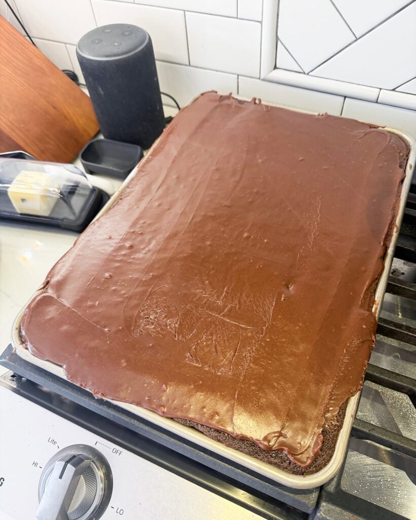 A chocolate texas sheet cake in a pan.