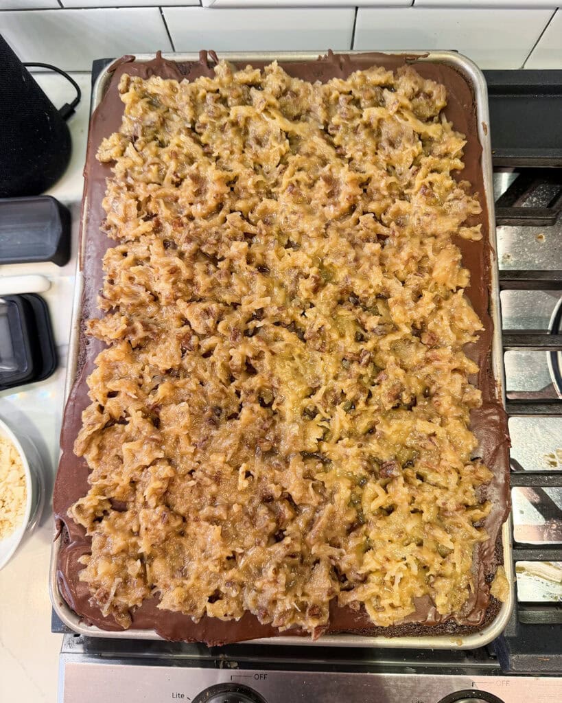 A chocolate texas sheet cake topped with german chocolate frosting.