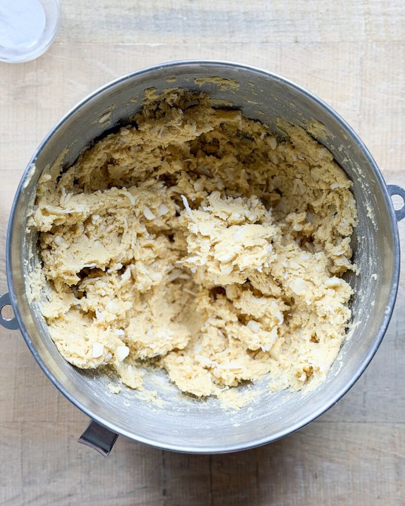 Coconut macadamia nut cookie dough in a metal bowl.