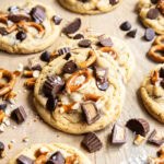 Peanut Butter Pretzel cookies topped with chocolate chips, peanut butter cups, and mini pretzels.