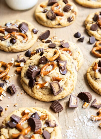 Peanut Butter Pretzel cookies topped with chocolate chips, peanut butter cups, and mini pretzels.