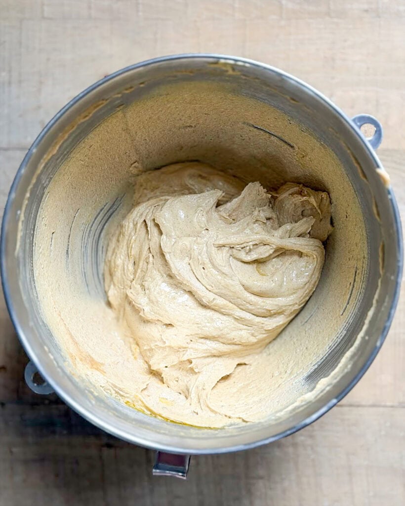 Creamed butter, peanut butter and sugars in a large bowl. 
