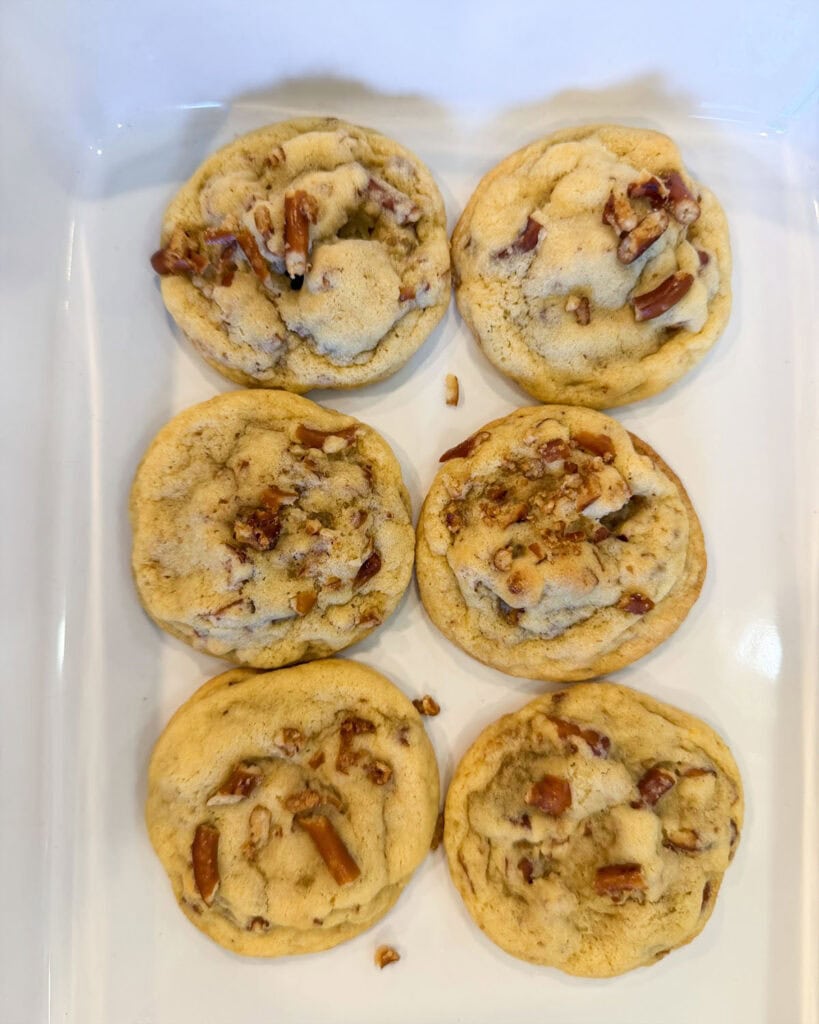 Pretzel cookies in a white baking dish.