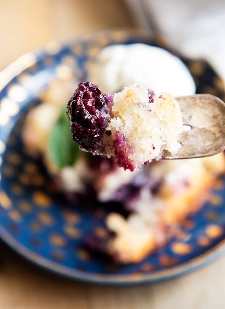 A bite of blackberry cobbler on a fork.