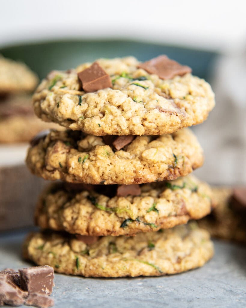 A stack of four Oatmeal Zucchini Chocolate Chip Cookies.