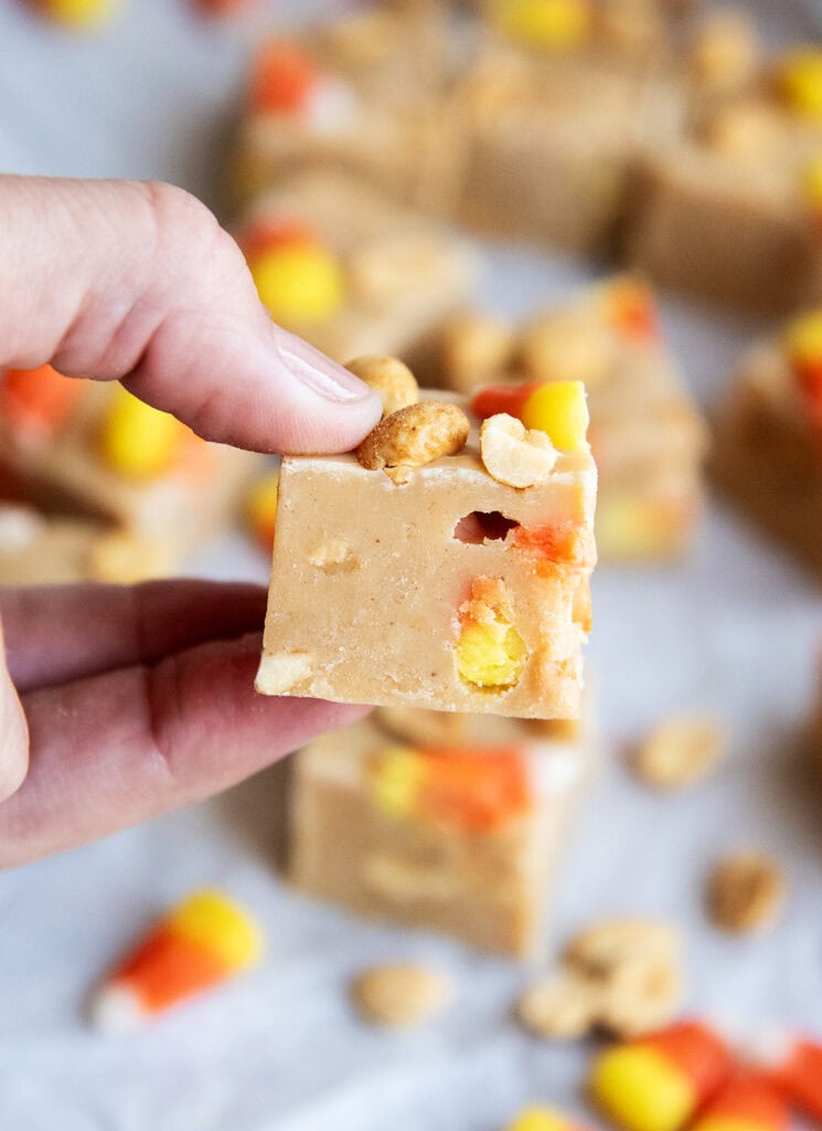 A hand holding a piece of candy corn and peanut butter fudge.