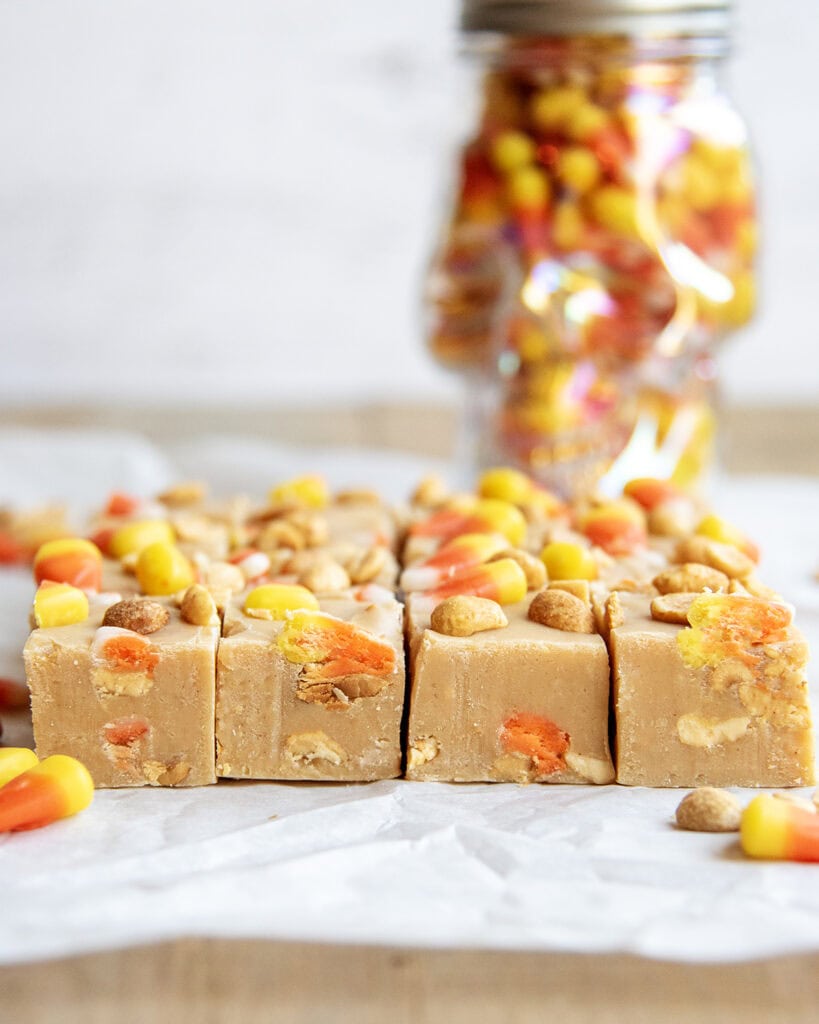 Rows of peanut butter candy corn fudge, with peanuts in them.
